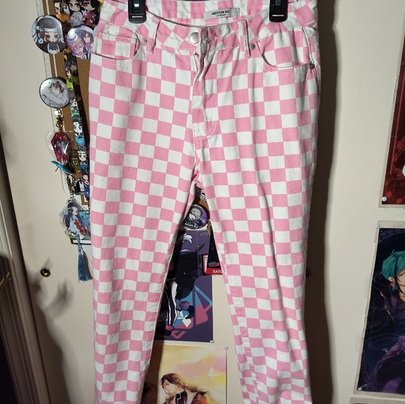 Hot Topic Pink and White Checkered Denim Pants - Picture 2 of 3